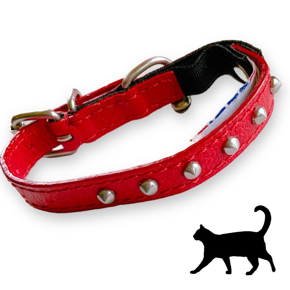 Safety Stretch Naturally Tanned Real Leather Quality Studded Cat Collar Red NWOT